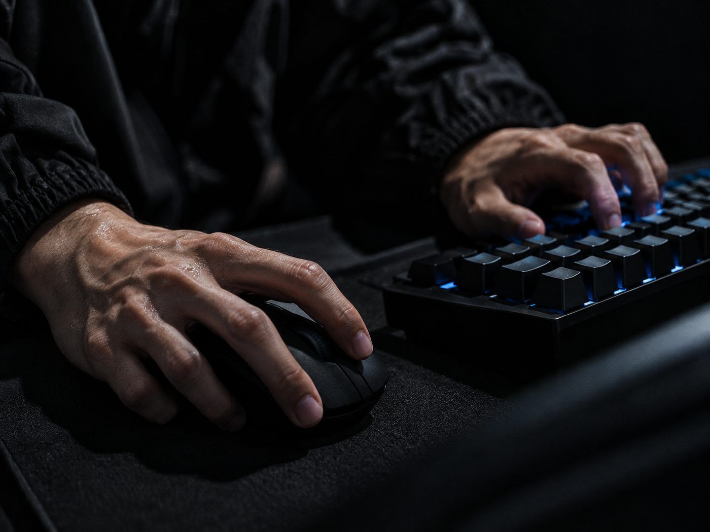 青い光に照らされたキーボードとマウスを操作する手
